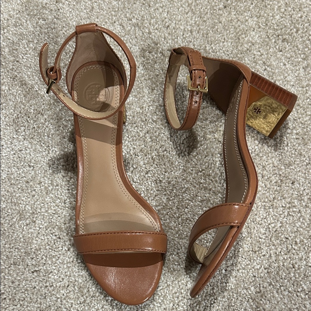 Tory Burch Brown Leather Strappy Block Heels Like New
